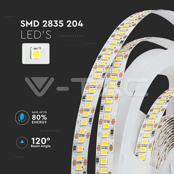 V-TAC Strip LED smd3528 17w/m 5m 204 led/m 12v ip20 10mm 1700 Lumen metro