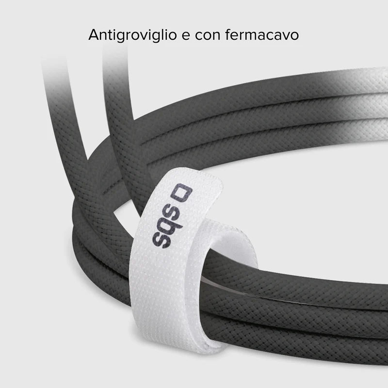 SBS Cavo USB-C - USB-C NERO in tessuto con fermacavo 1.5 metri
