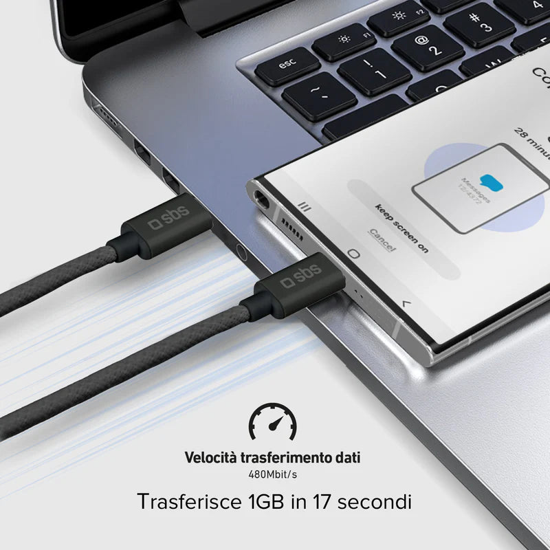 SBS Cavo USB-C - USB-C NERO in tessuto con fermacavo 1.5 metri