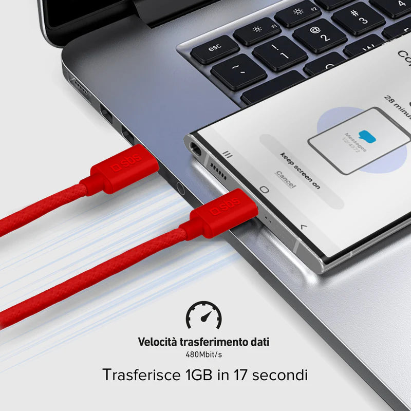 SBS  Cavo USB-C - USB-C ROSSO in tessuto con fermacavo 1.5 metri