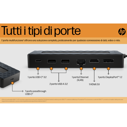 HP Hub Multi porta USB-C Universale, Compatibile con PC dotati di Porta USB-C, Power Delivery e DisplayPort, Nero