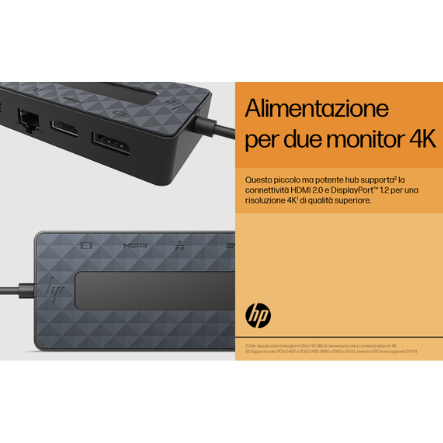 HP Hub Multi porta USB-C Universale, Compatibile con PC dotati di Porta USB-C, Power Delivery e DisplayPort, Nero