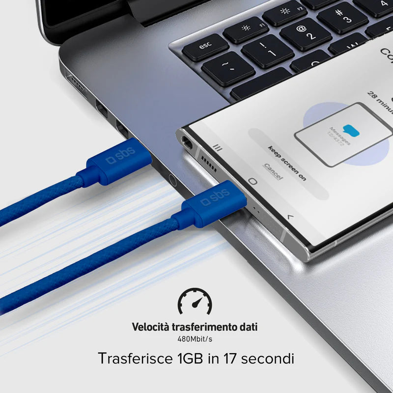 SBS  Cavo USB-C - USB-C BLU in tessuto con fermacavo 1.5 metri