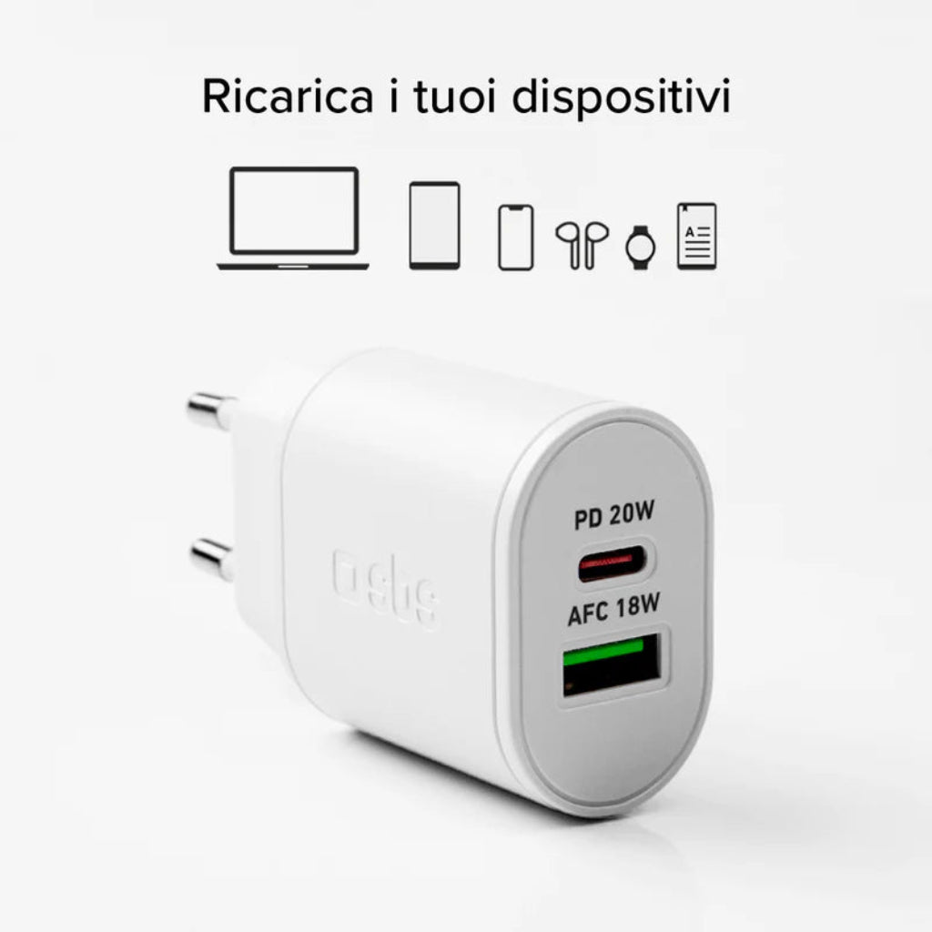SBS Caricabatterie caricatore 20 Watt - Ricarica ultra rapida e due porte USB